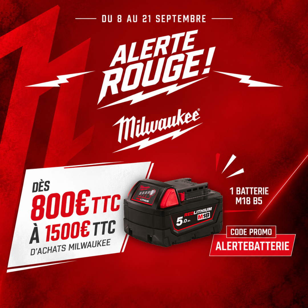 Batterie Milwaukee M18 B5 REDLITHIUM 5,0 Ah référence 4932430483 offerte pour le deuxième palier de l'opération Alerte Rouge Milwaukee