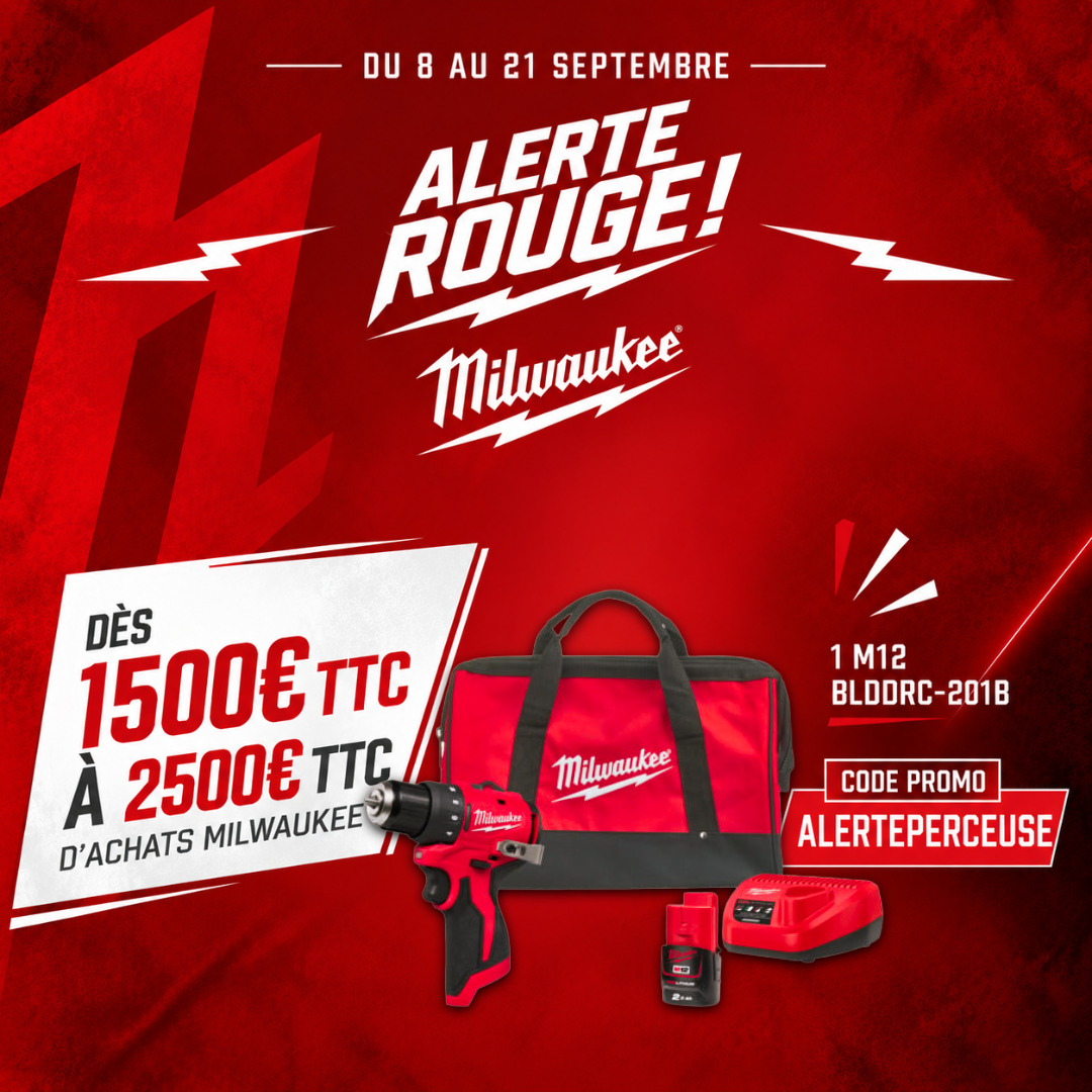 Perceuse-visseuse Brushless Milwaukee M12 BLDDRC-201B référence 4933500773 offerte pour le troisième palier de l'opération Alerte Rouge Milwaukee