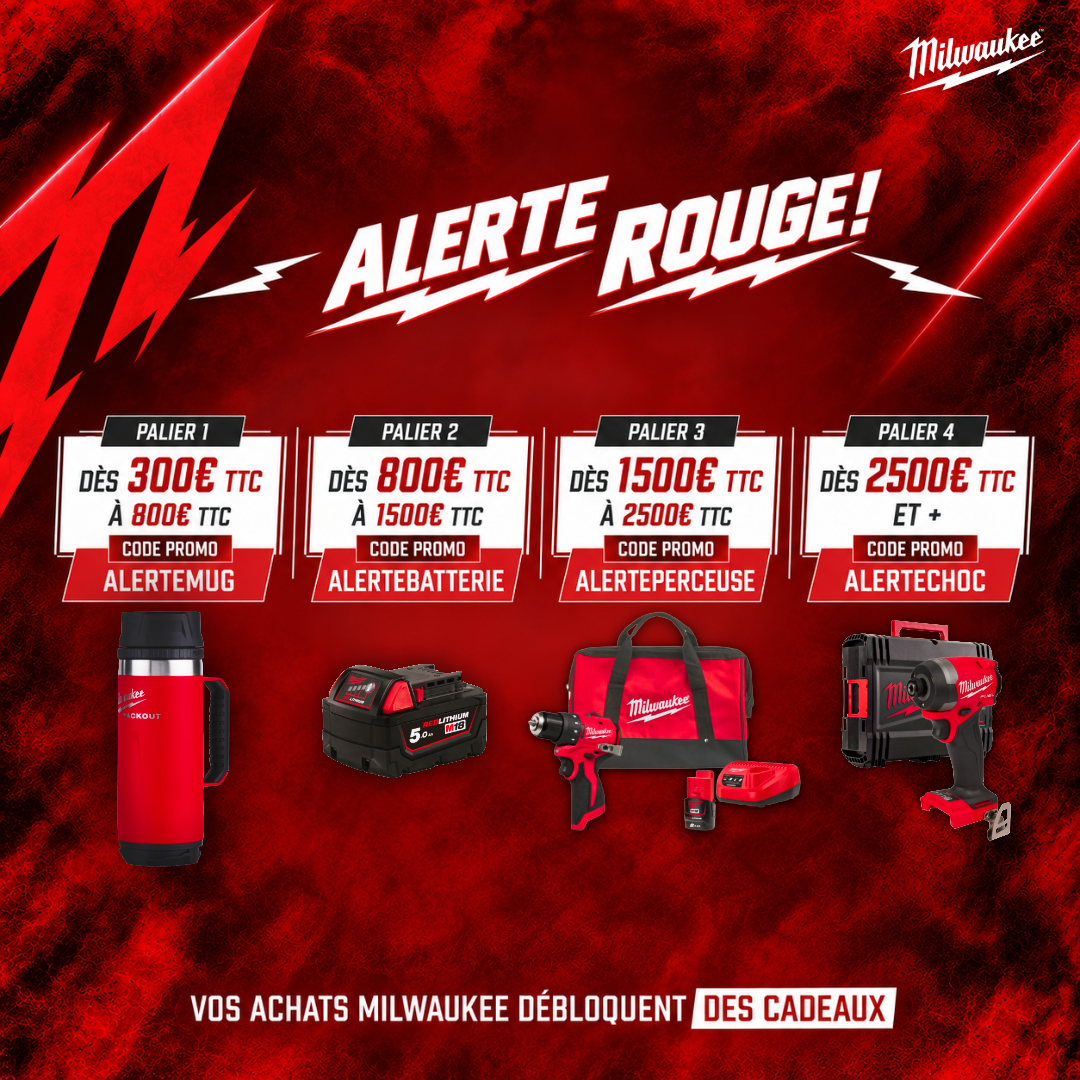 Opération Alerte Rouge Milwaukee mobile - quatre paliers de récompenses et codes promotionnels du 15 au 28 septembre 2026