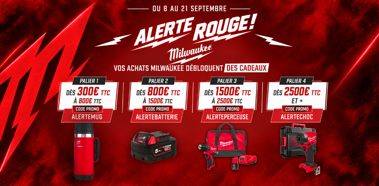 Opération Alerte Rouge Milwaukee - récompenses offertes selon le montant des achats Milwaukee du 15 au 28 septembre 2026
